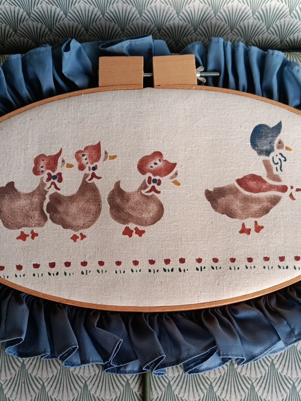 Handcrafted Blue Frill Oval Duck Embroidery Wall Art